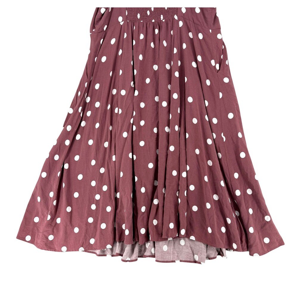 Torrid Midi Challis Dress 2X Brown Polka Dot Button Smocked Sweetheart Pockets - Picture 9 of 12